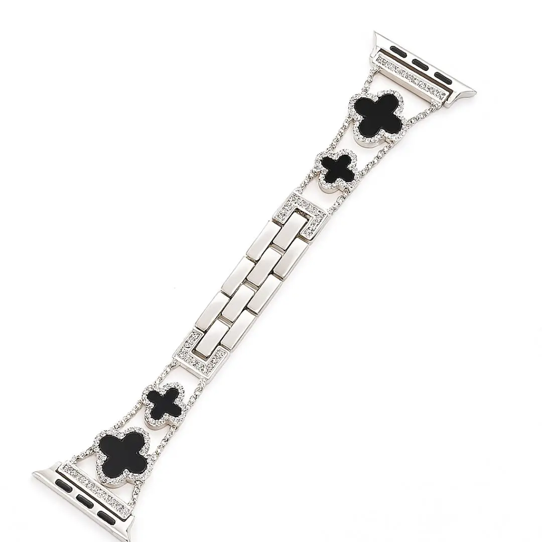 Apple Watch Metal Strap Four Leaf Clover Diamond Strap Silver Black -42-44-45-46-49mm
